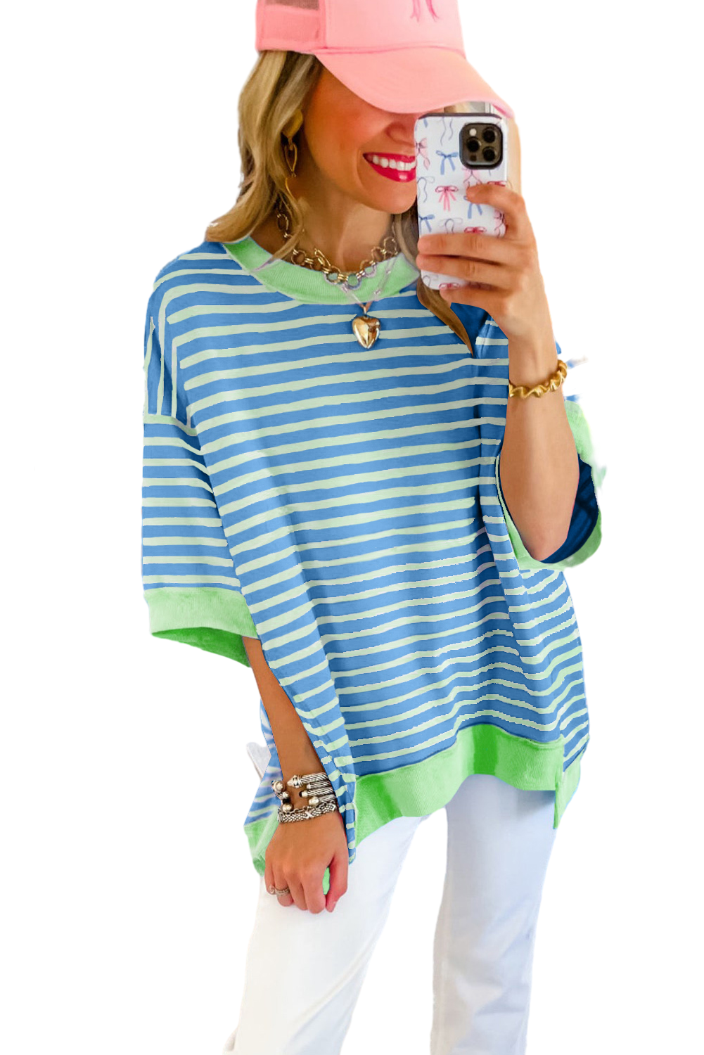 Green Stripe Colorblock Drop Sleeve Loose Top