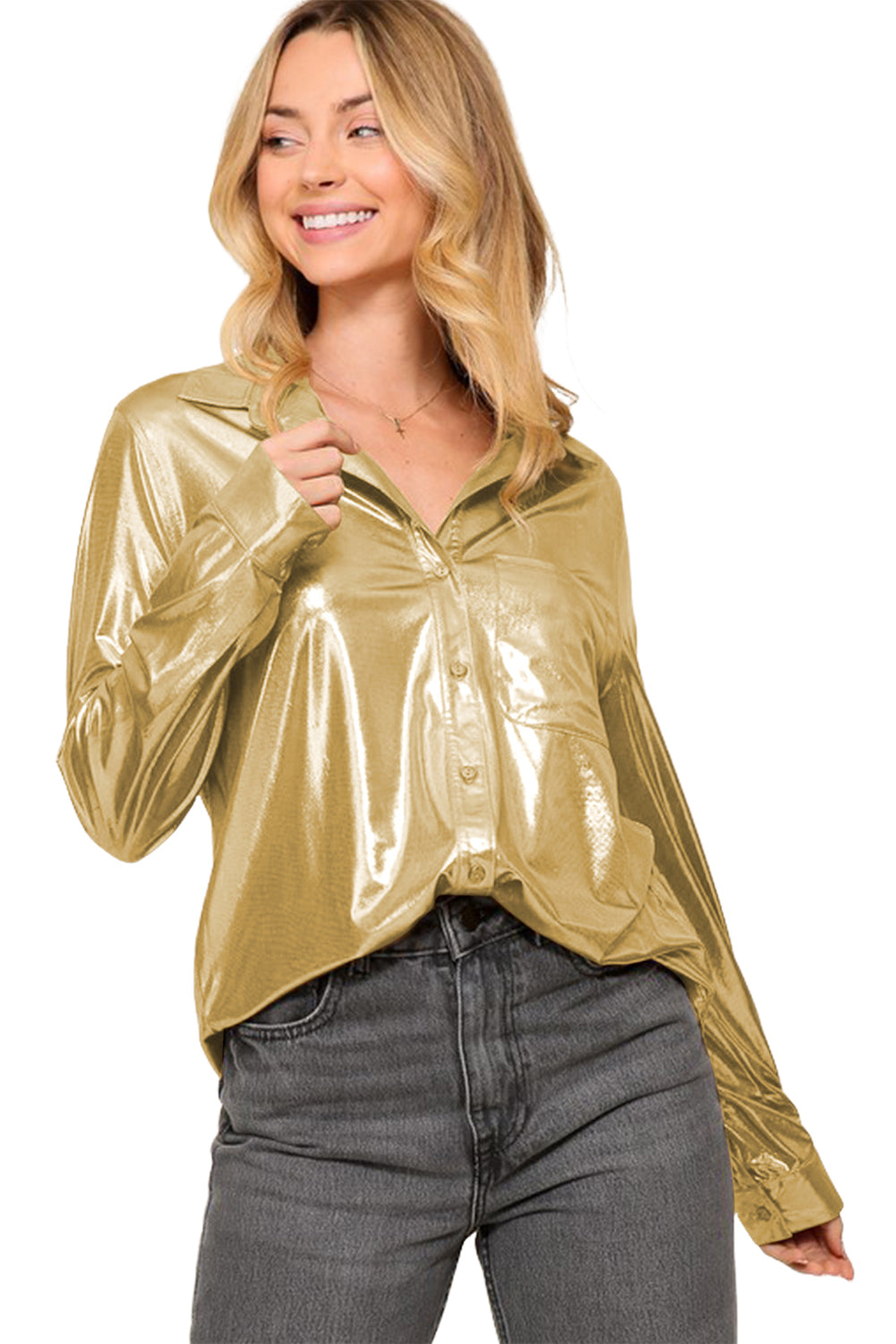 Gold Shiny Metallic Button Up Shirt