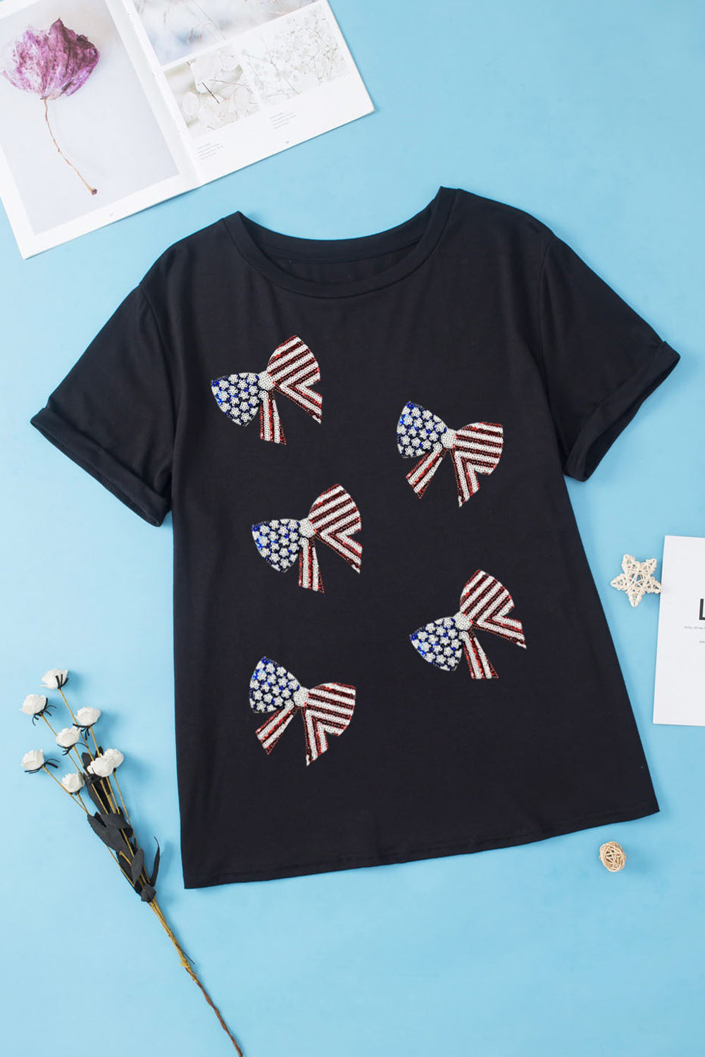 White Sequined American Flag Bow Knot Graphic Plus Size Tee