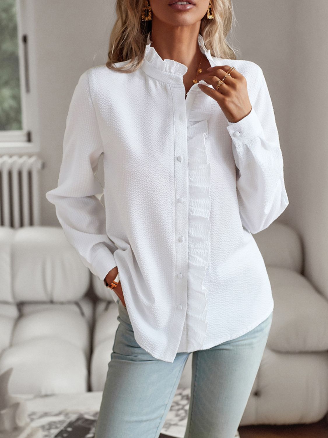 Ruffle Trim Long Sleeve Shirt