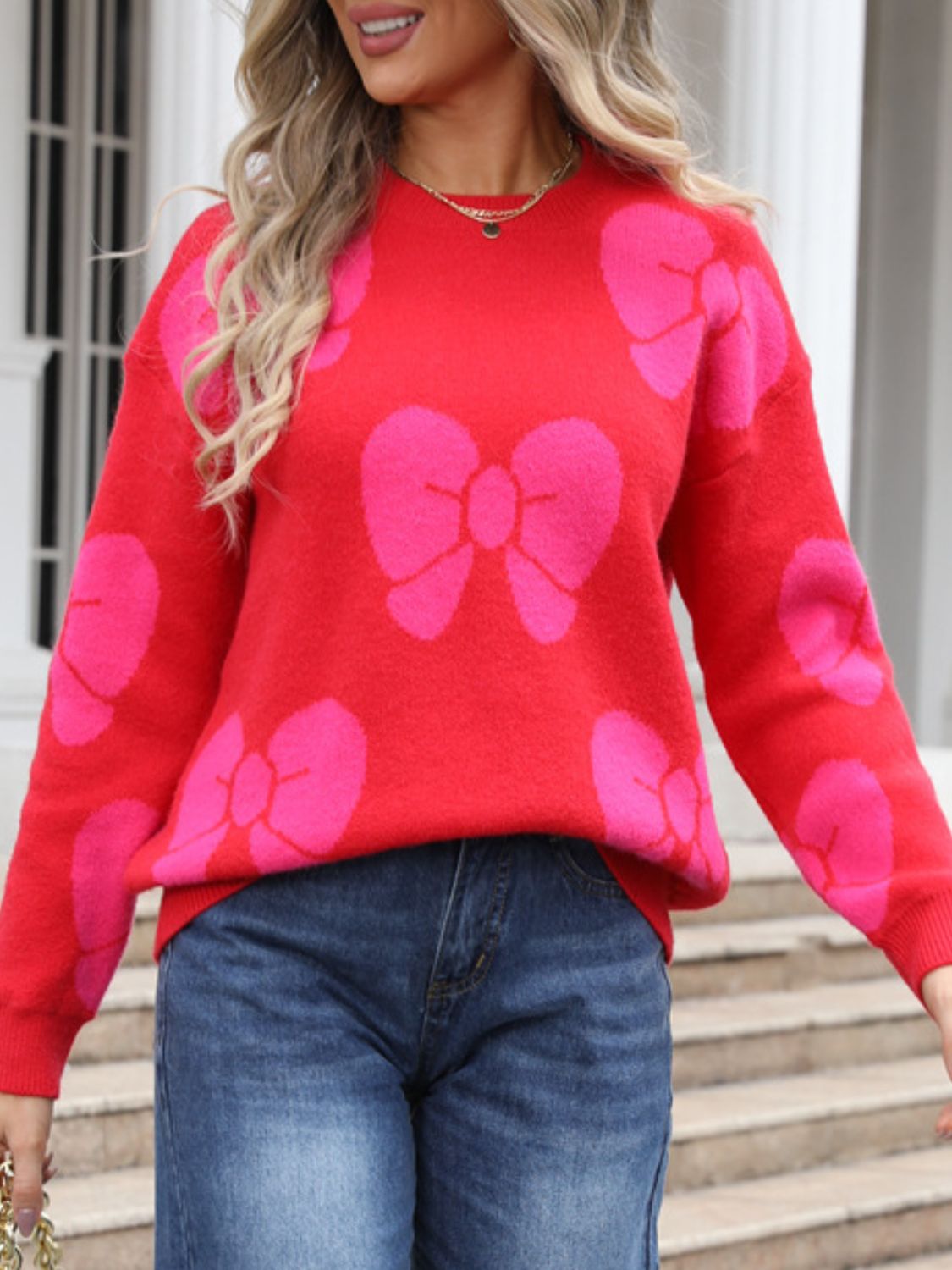 Bow Round Neck Dropped Shoulder Sweater