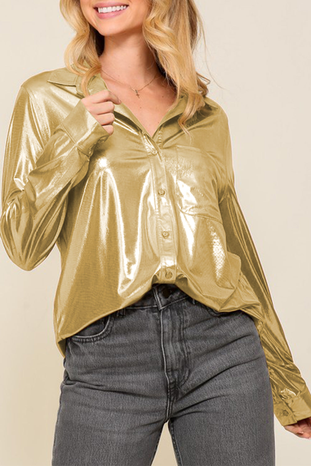 Gold Shiny Metallic Button Up Shirt