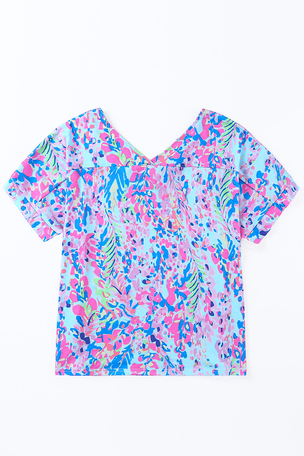 Pink Boho Abstract Floral Print V Neck T Shirt