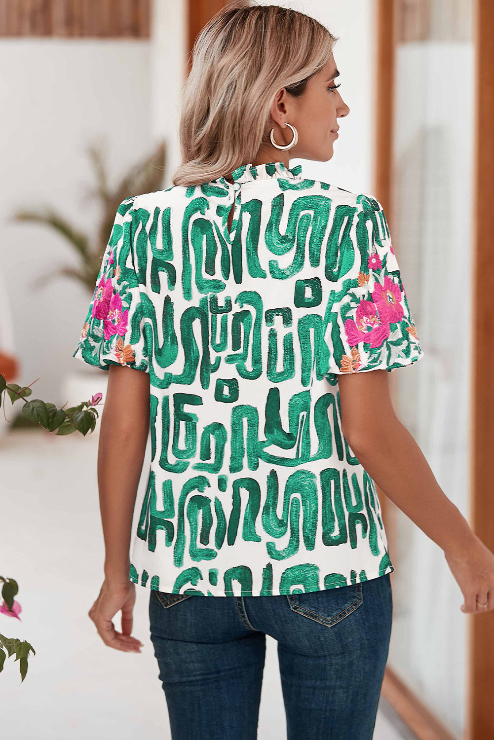 Blackish Green Abstract Floral Print Frilled Neck Puff Sleeve Blouse