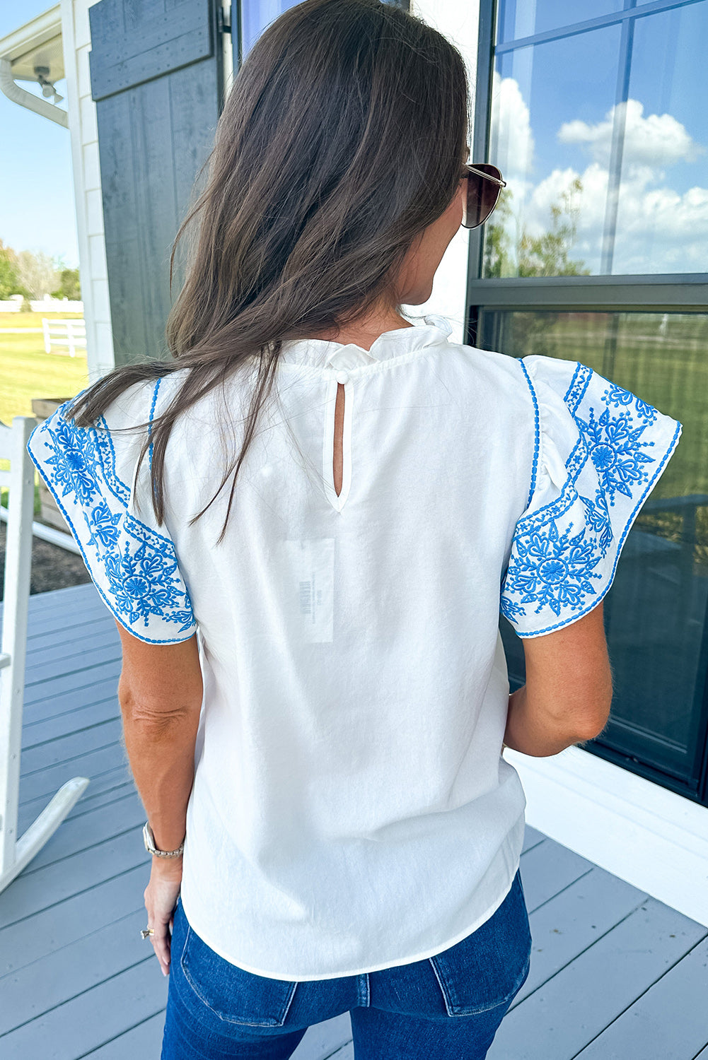 Black Embroidered Ruffled Sleeve Frill Neck Blouse