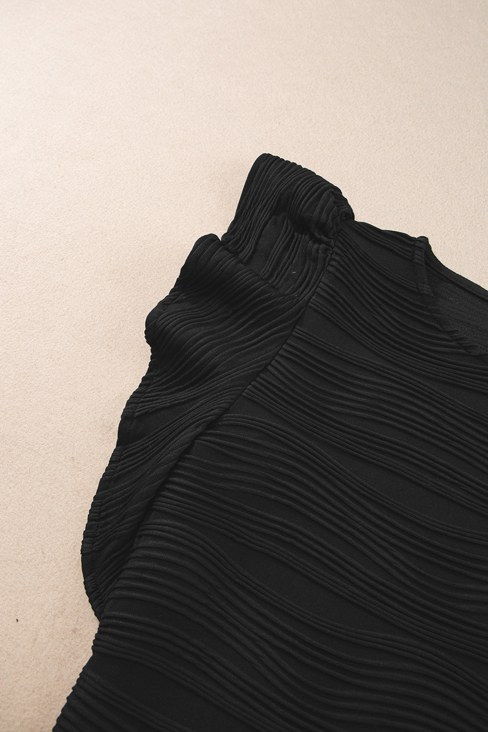 Black Plain Wavy Textured Ruffle Sleeve Blouse