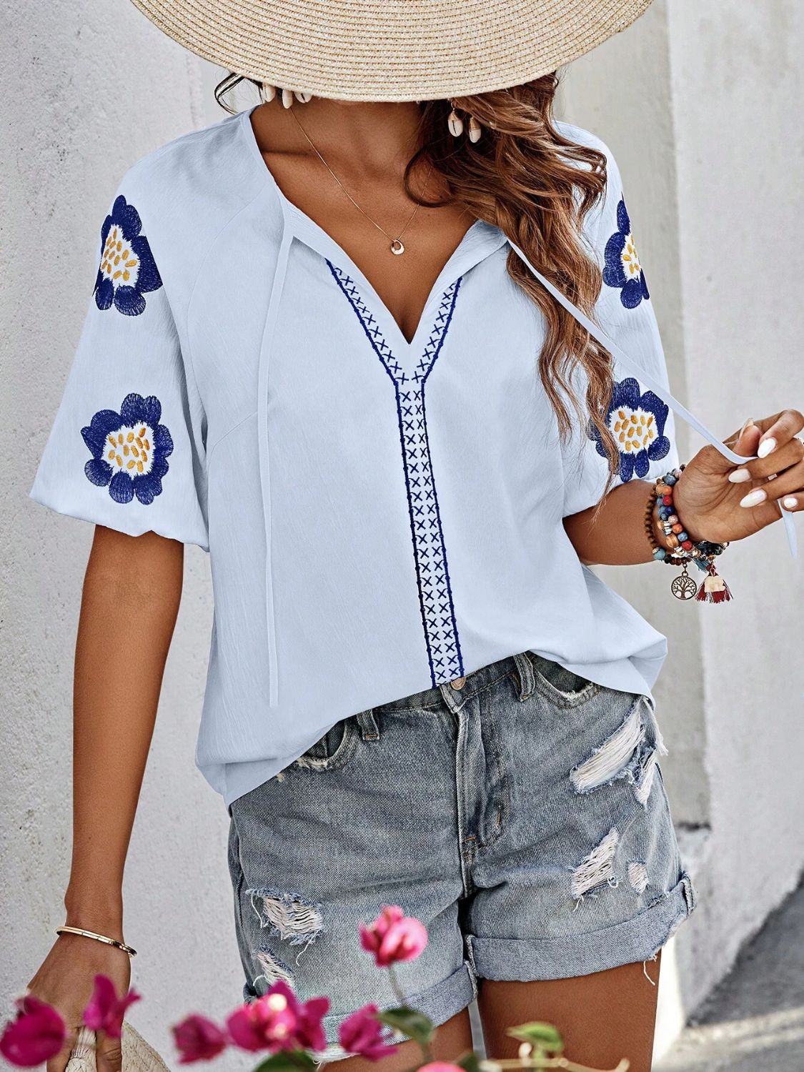 Embroidered Tie Neck Puff Sleeve Blouse