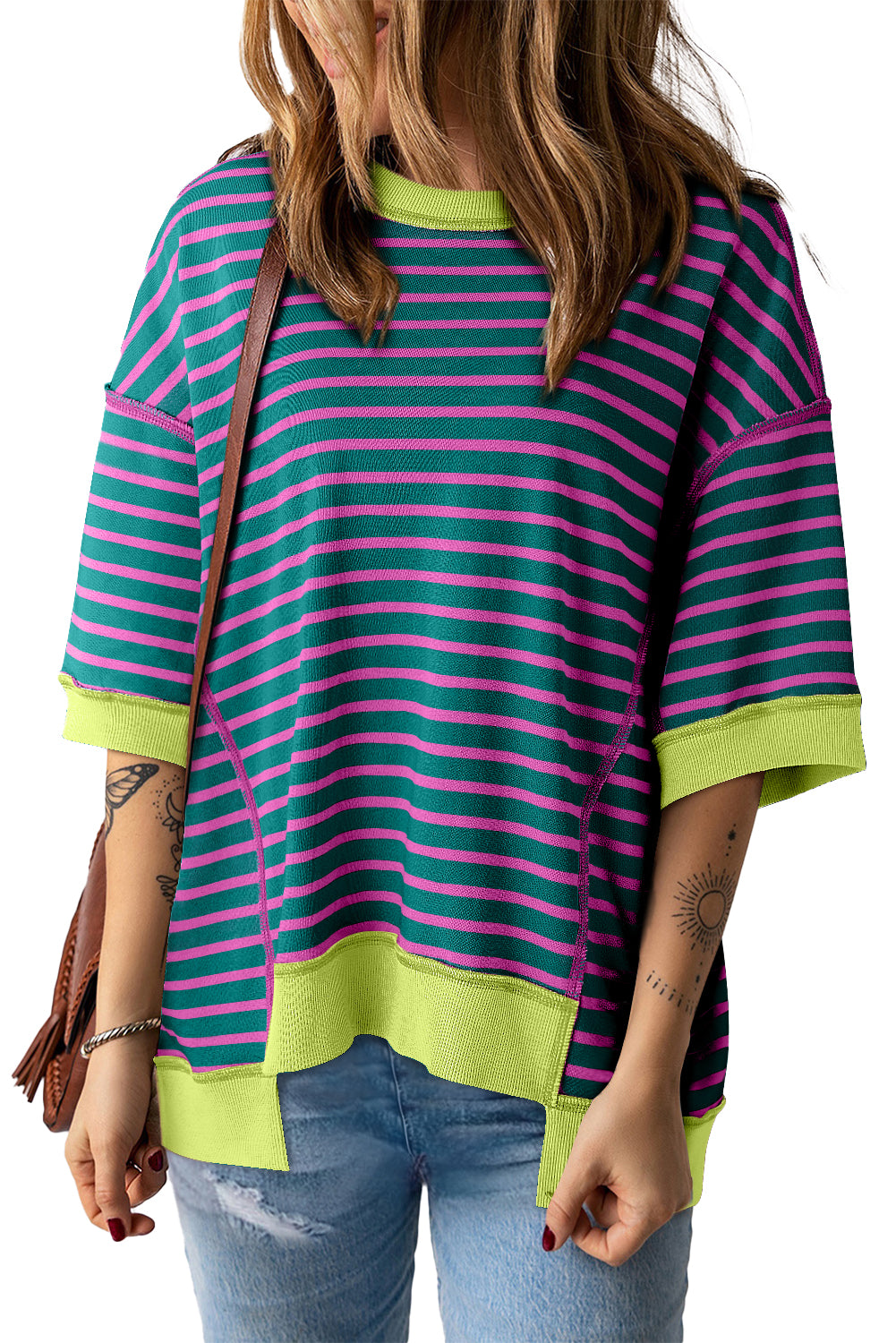 Green Stripe Colorblock Drop Sleeve Loose Top