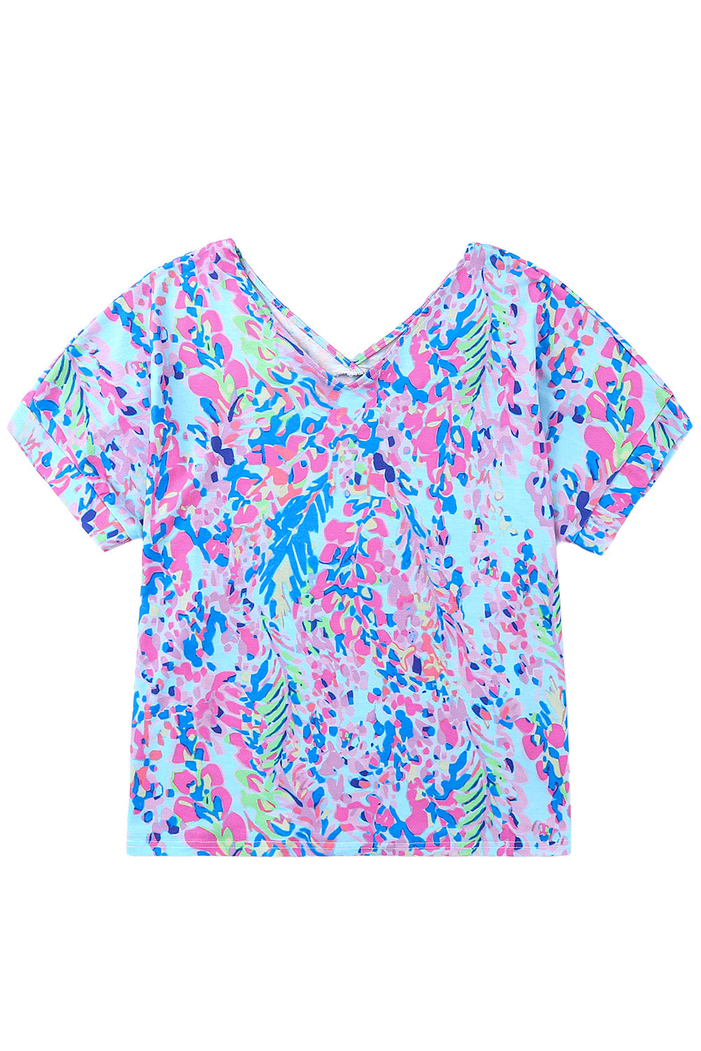 Pink Boho Abstract Floral Print V Neck T Shirt