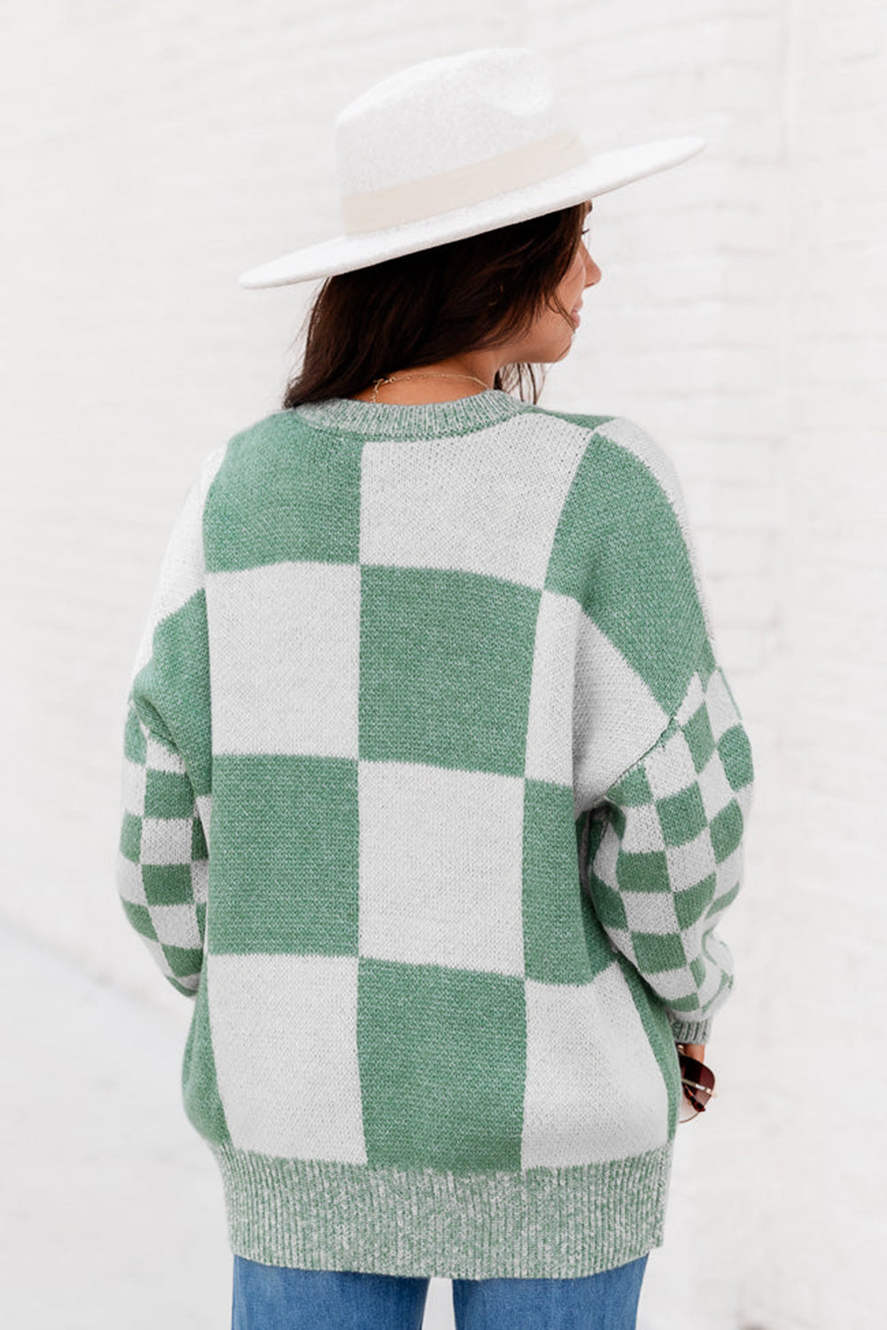 Mint Green Plaid Knitted Drop Shoulder Sweater