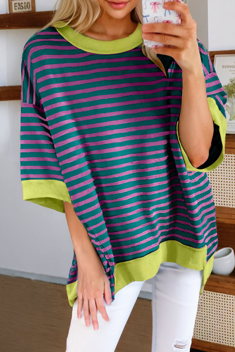 Green Stripe Colorblock Drop Sleeve Loose Top