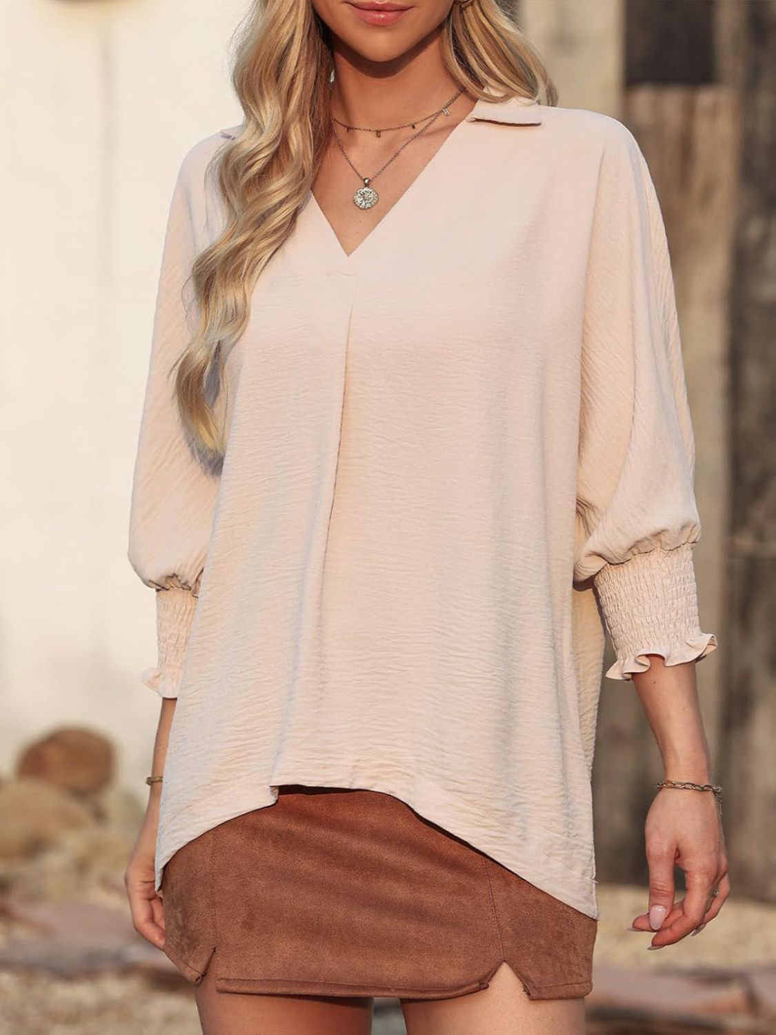 Johnny Collar Three-Quarter Sleeve Blouse