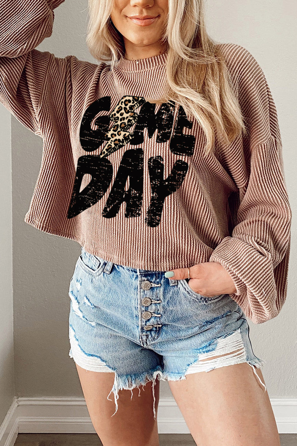 Khaki Game Day Graphic Crop Corded Knit Top