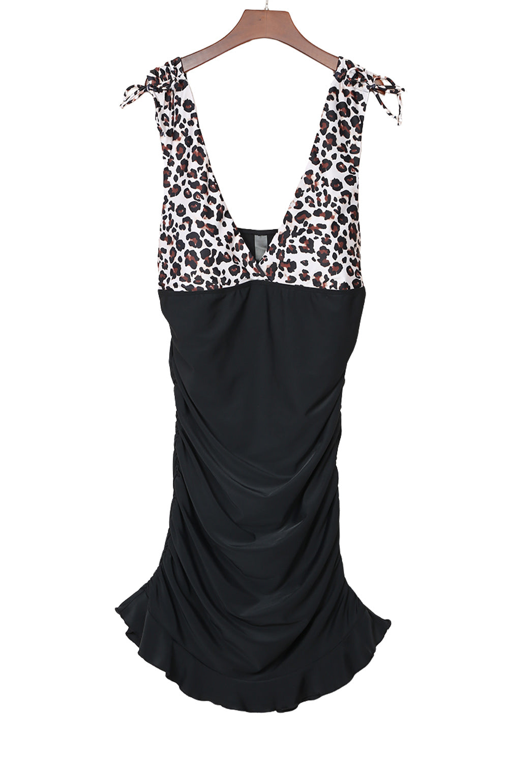 Black Plus Size Leopard Print Ruched Ruffle V Neck One-piece Swimsuit