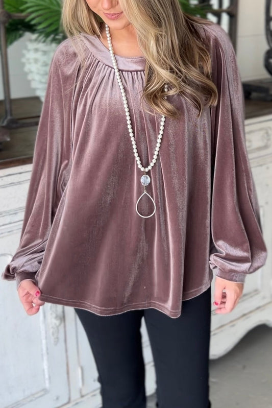 Rose Velvet Pleated Keyhole Back Bubble Sleeve Blouse