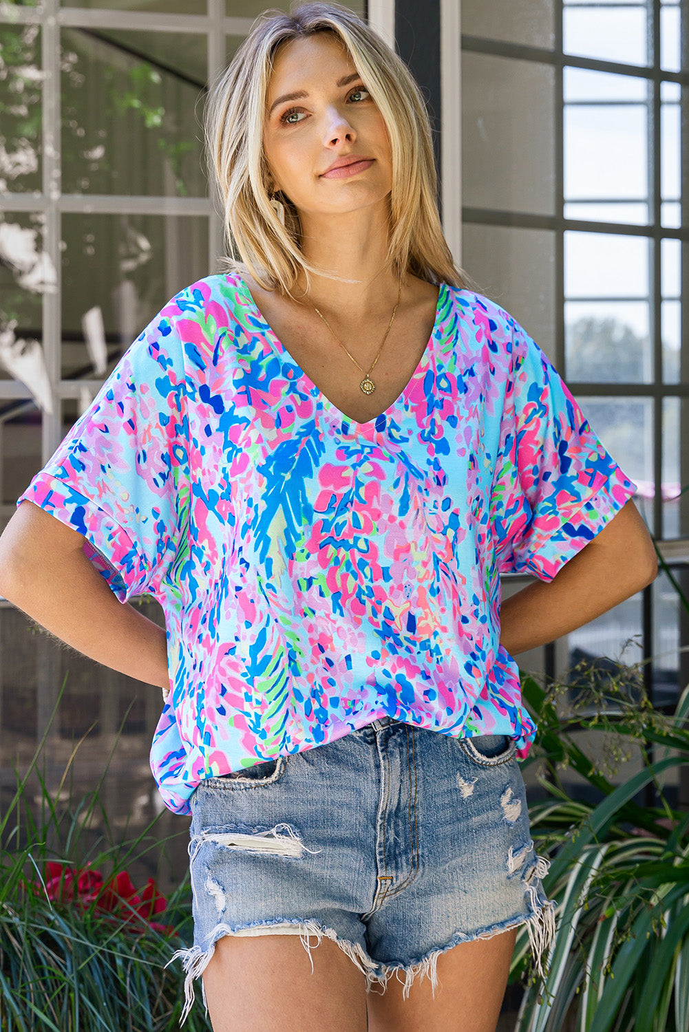 Pink Boho Abstract Floral Print V Neck T Shirt