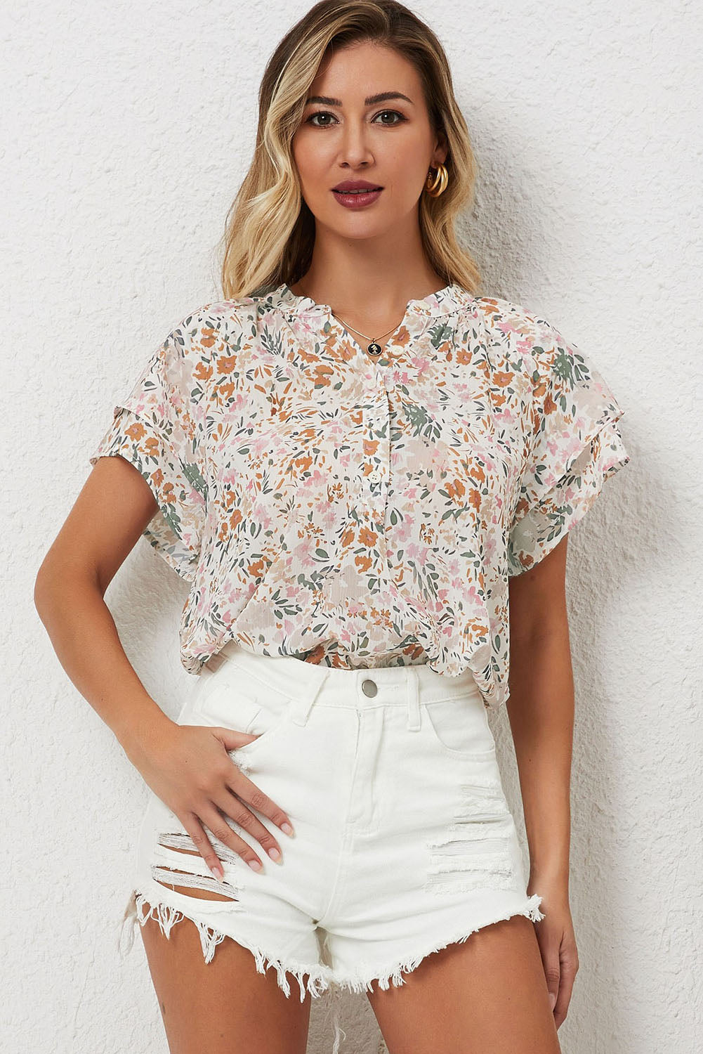 Multicolor Plus Size Floral Mandarin Collar Blouse