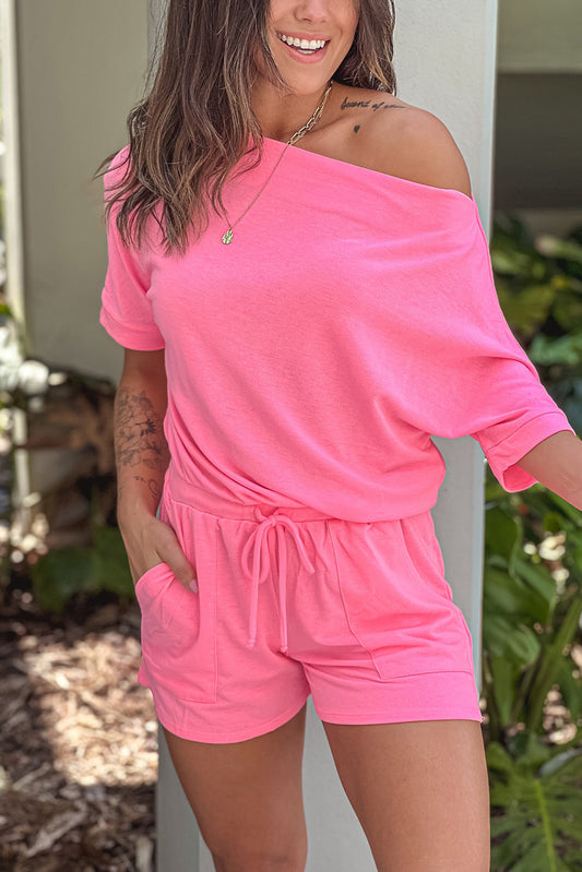 Pink Asymmetrical Short Sleeves Drawstring Pocket Romper