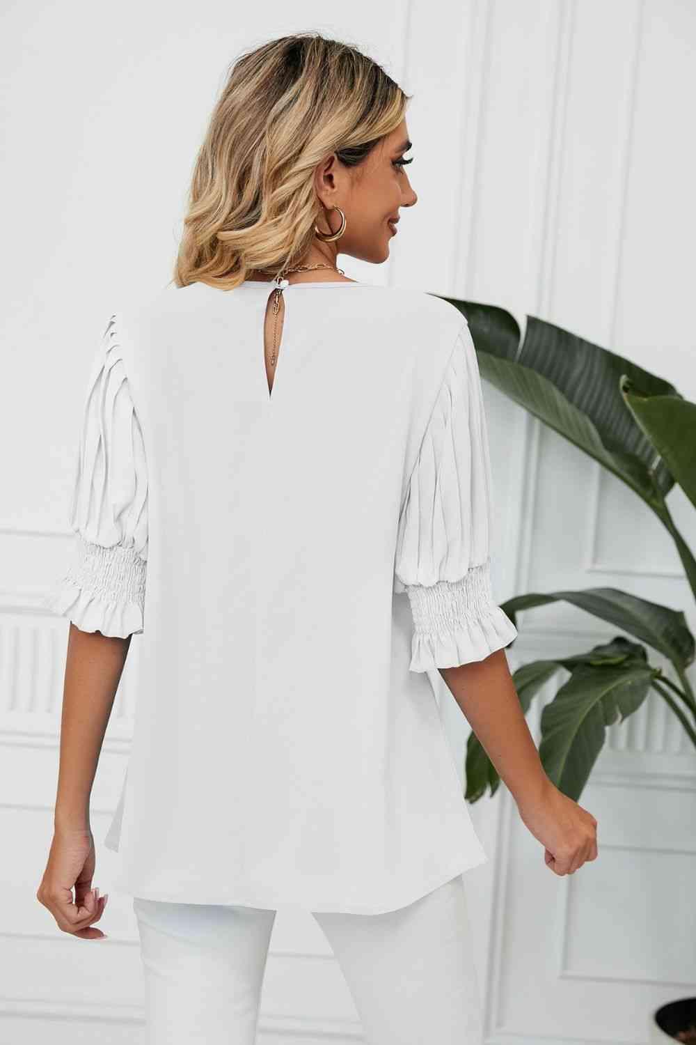 Pleated Flounce Sleeve Keyhole Blouse