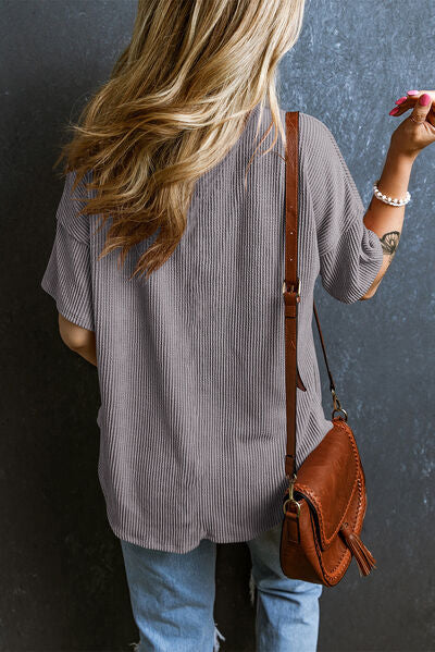 Textured V-Neck Dropped Shoulder T-Shirt