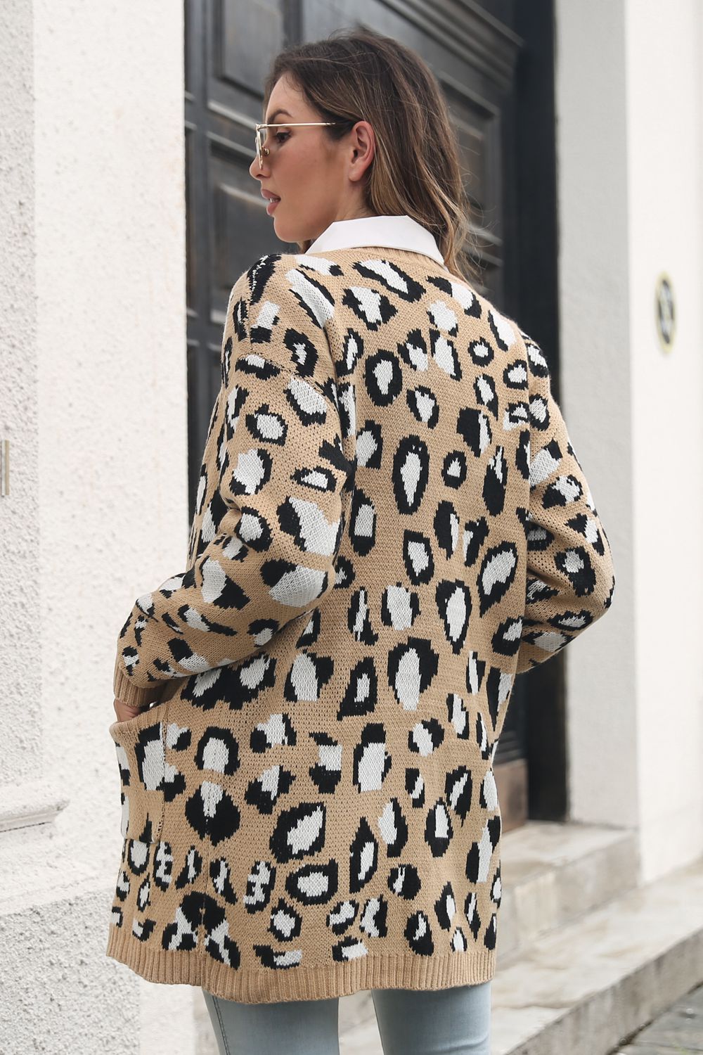 Leopard Open Front Cardigan with Pockets