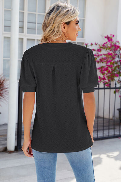 Eyelet Notched Puff Sleeve T-Shirt