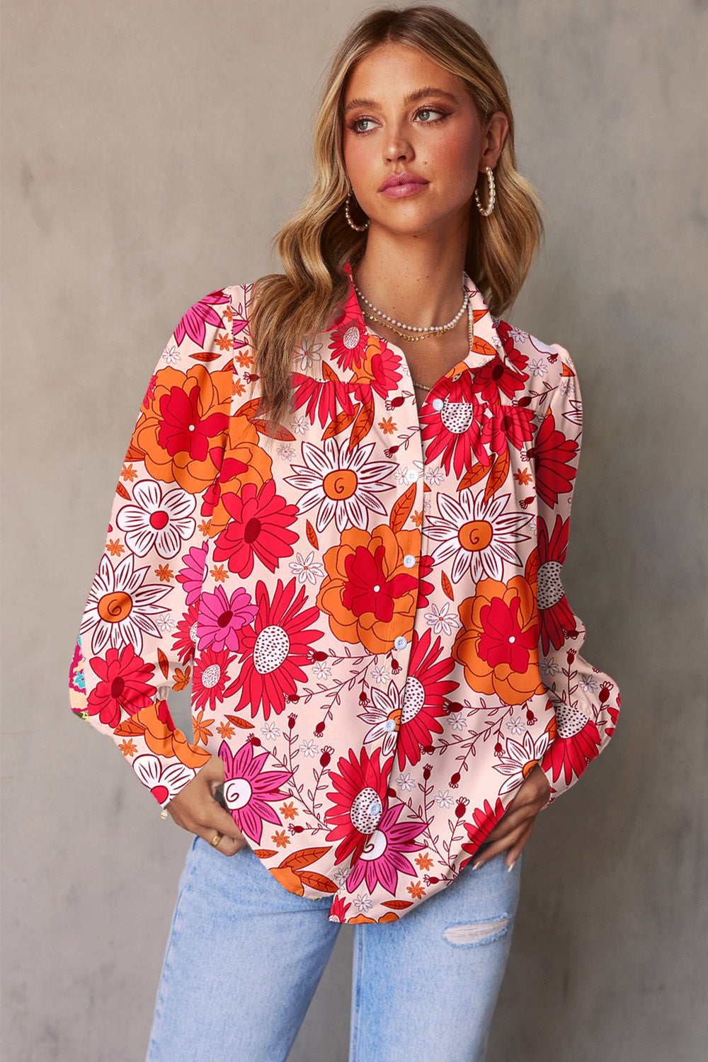 Printed Collared Neck Long Sleeve Shirt