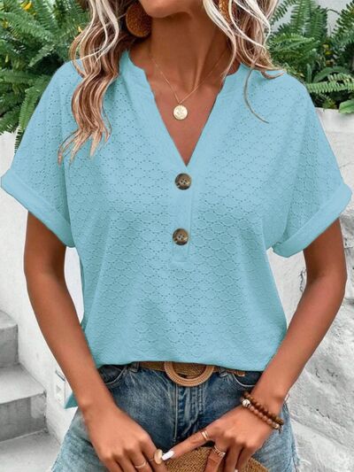 Eyelet Notched Short Sleeve Blouse