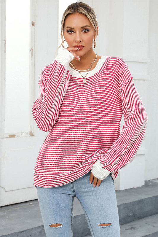 Striped Round Neck Long Sleeve Knit Top